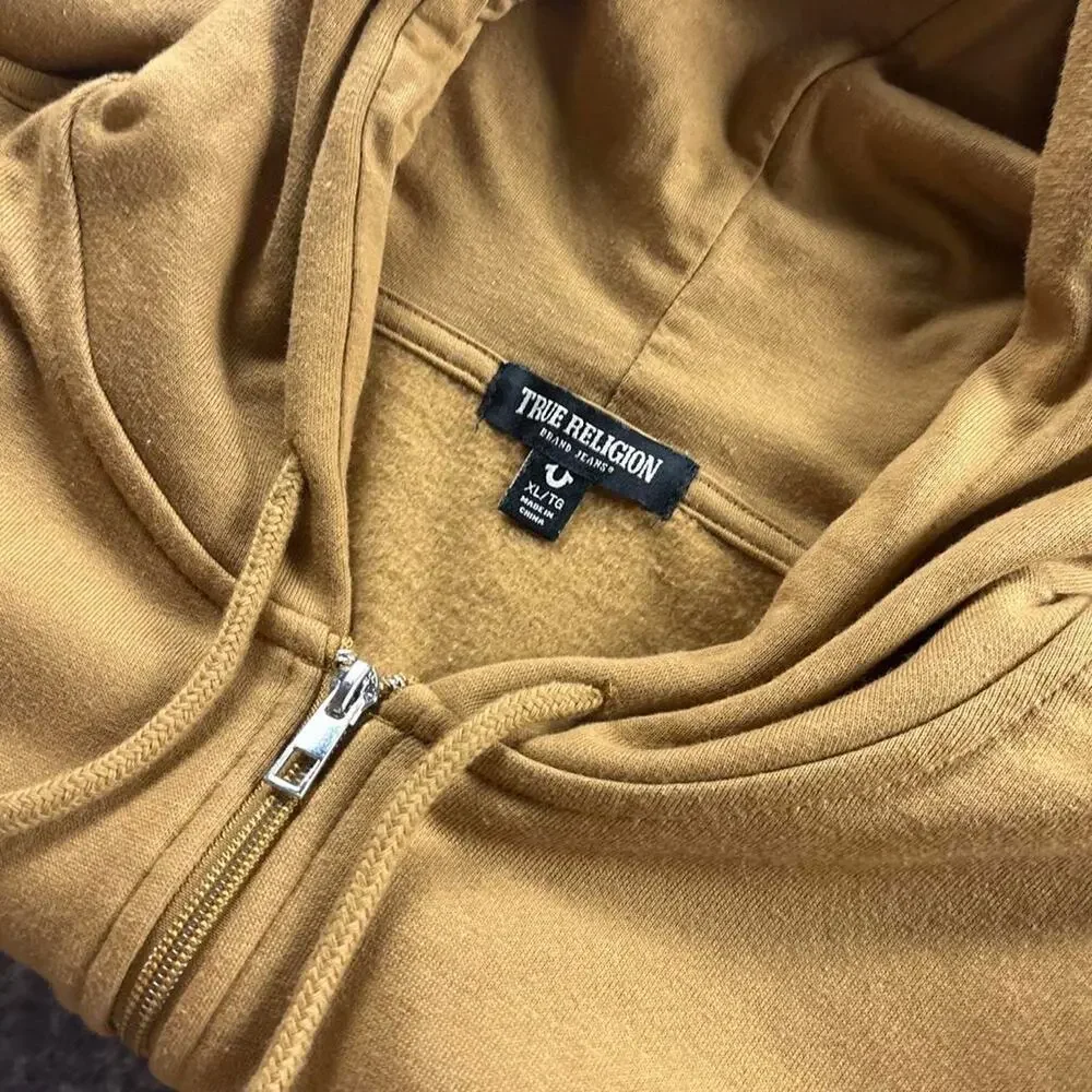 True Religion Men’s XL Tan Buddha Guitar Graphic Zip Up Hoodie Y2K